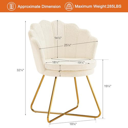 Vanity Chair with Back, Upholstered Accent Chair for Living Room, Makeup Chair for Bedroom Sherpa ArmChairs Home Office Desk Chair with Gold Metal Legs (White)