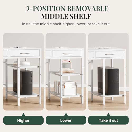 55" Computer Desk with 6 Drawers, Home Office Gaming Desks with Storage Shelves for Bedroom, Writing Study Corner Living Room Work Table White