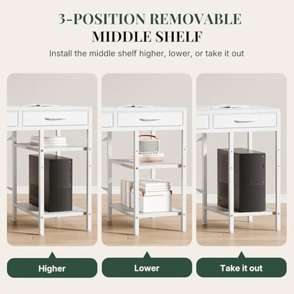 55" Computer Desk with 6 Drawers, Home Office Gaming Desks with Storage Shelves for Bedroom, Writing Study Corner Living Room Work Table White