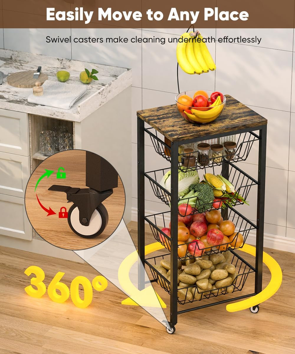 Fruit Vegetable Storage Cart for Kitchen, 5-Tier Vegetable Stand Rack with Pull-Out Fruit Baskets, Rolling Snack Cart with Wood Top & Banana Holder for Pantry, Living Room, Bathroom, Black
