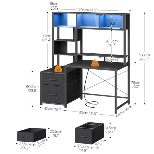 Computer Desk, 47.2" Gaming Desk with Hutch and LED Lights, view 3