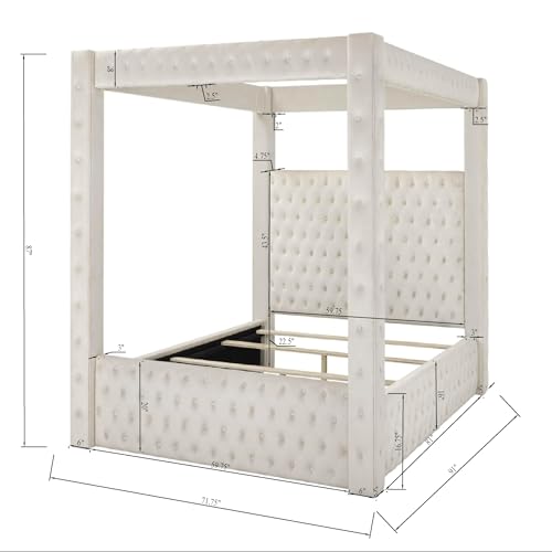 Velvet Canopy Bed Frame Queen - Upholstered Four Poster Bed Frame with Tufted Headboard and Footboard, Luxury Bed Frame with Wood Slats for Bedroom Furniture, Box Spring Required, Ivory