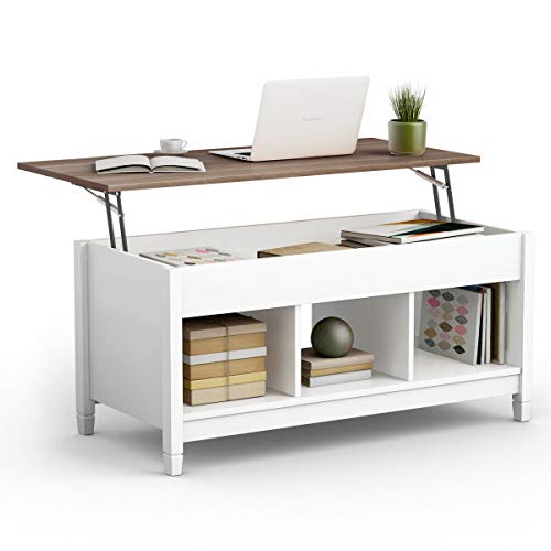 Lift Top Coffee Table, Wood Cocktail Table w/Hidden Compartment & Lower Storage Shelves, Wood Laptop Table, Lift Tabletop Home Furniture for Living Room, Guest Room, Office, White