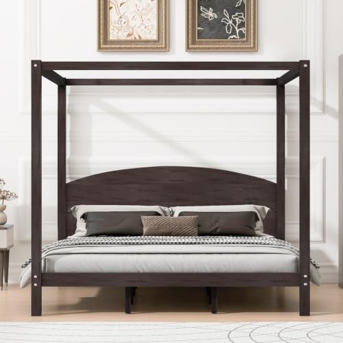 Wood King Size Canopy Bed Frame with Headboard and Storage, Brown, view 6