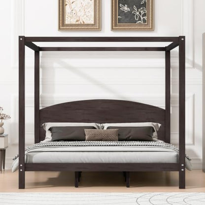 Wood King Size Canopy Bed Frame with Headboard and Storage, Brown, view 6