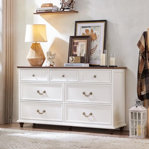 24" Wide Farmhouse Nightstand with Charging Station Set of 2,54" 7 Drawers Dresser, 45" Tall Rustic Chests of 5 Drawers, Farmhouse Furniture Series for Bedroom,White