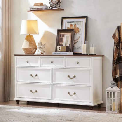 24" Wide Farmhouse Nightstand with Charging Station Set of 2,54" 7 Drawers Dresser, 45" Tall Rustic Chests of 5 Drawers, Farmhouse Furniture Series for Bedroom,White