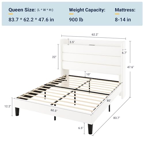 Queen Size Upholstered Bed Frame with Charging Station, White, view 3