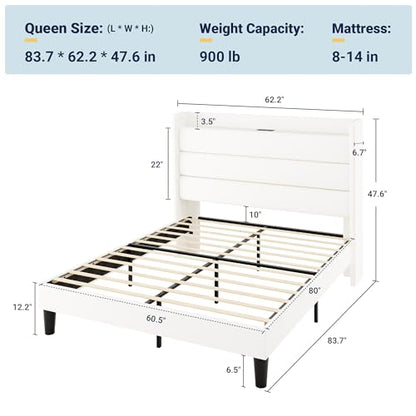 Queen Size Upholstered Bed Frame with Charging Station, White, view 3
