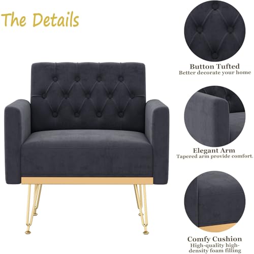 Accent Chair with Arm for Living Room, Velvet Modern Armchair Single Sofa Cozy Tufted Upholstered Reading Side Chairs with Gold Metal Leg for Bedroom Decorate