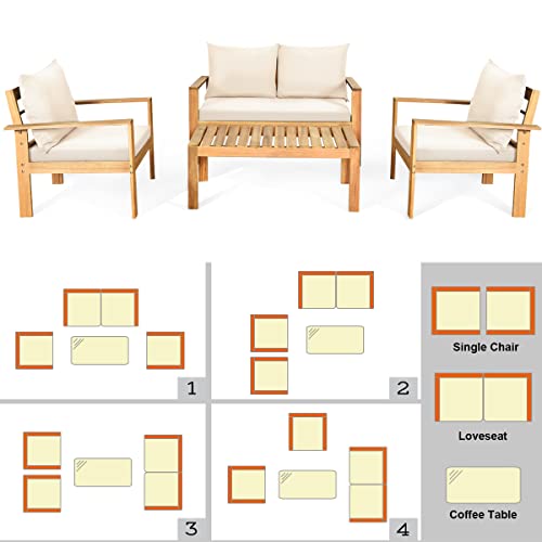 4 Piece Patio Furniture Set Outdoor Conversation Set Wood Sofa Table Set with Cushions, Acacia Wood Chairs & Coffee Table Set for Garden Backyard Poolside