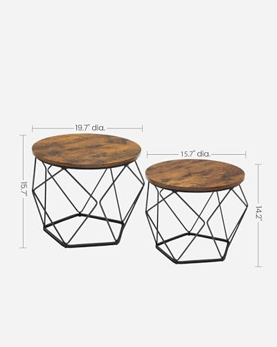 VASAGLE Small Coffee Table Set of 2, Round Coffee Table with Steel Frame, Side End Table for Living Room, Bedroom, Office, Rustic Brown and Ink Black | Living Room