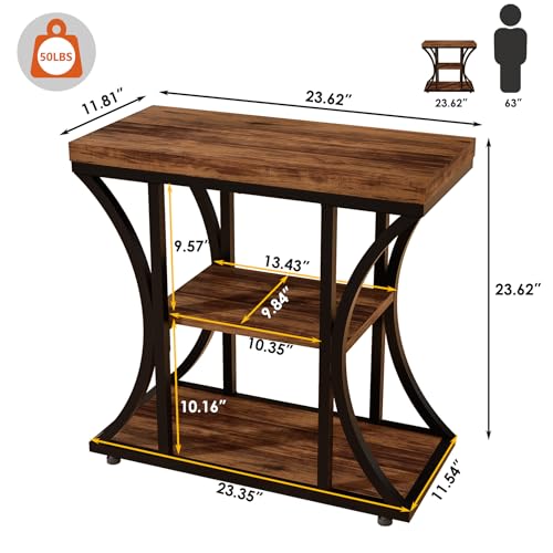 3 Tier End Table with Storage, Narrow End Table for Living Room and Bedroom, Small Space Wood and Metal Side Table, Rustic Brown