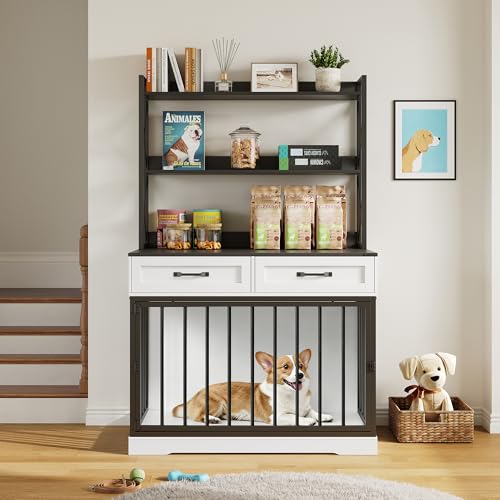 42”×65.4”Dog Crate Furniture, Pet Cage with Storage Drawers & Shelves, view 7