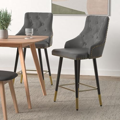Set of 2 Premium upholstered Dining 26" High Back Stool Bar Chairs, Gray PU Leather Tufted Gold Nail Head Trim, (2)