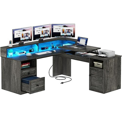 L Shaped Desk with Drawers, 60" Corner Computer Desk with Power Outlets & Lift Top, Home Office Desk with Storage Cabinet & LED Lights, Wood Desk, Height Adjustable Desk, Grey