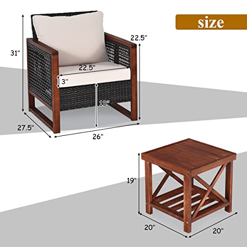 3 Pieces Patio Wicker Furniture Set, Rattan Outdoor Sofa Set w/Washable Cushion & Acacia Wood Coffee Table, Conversation Bistro Set for Garden Balcony Backyard (Beige)
