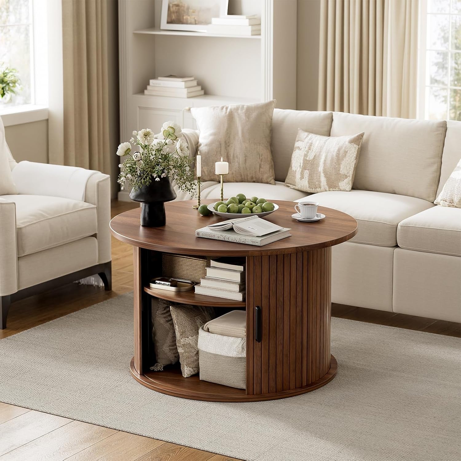 round Lift Top Coffee Table, Fluted Wood Accent Coffee Table with Hidden Storage and Open Shelves, Drum Table with Sliding Rolling Door, Small Center Table Dining Table for Living Room, Walnut