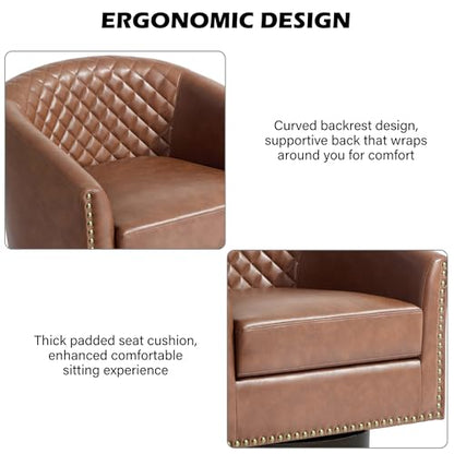 Swivel Barrel Accent Chair Set of 2, Comfy Modern Upholstered Round Faux Leather Arm Chair for Living Room, Bedroom, Brown