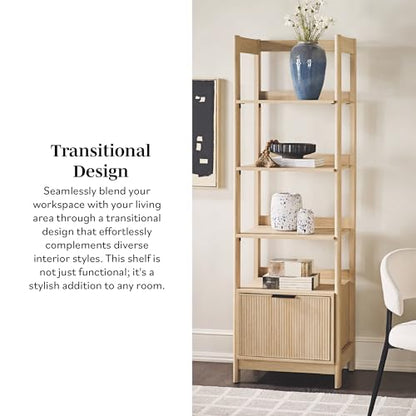 Transitional Reeded Narrow Open Bookshelf with Drawer on Bottom for Home Office, Living Room, Bedroom, 4-Shelf Bookcase with Bottom Storage, 22”W x 16.75”D x 70”H, Coastal Oak