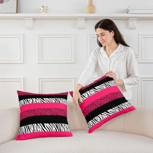 Pink Leopard Print Pillow Covers,18x18 Inch Set of 2,Black Zebra Cheetah Skin Print Cushion Cases for Women Adults,Wild Animal Geometric Stripes Western Style Cushion Covers for Bed Chairs Office