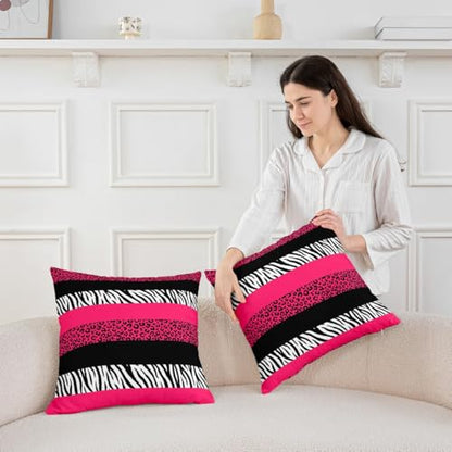 Pink Leopard Print Pillow Covers,18x18 Inch Set of 2,Black Zebra Cheetah Skin Print Cushion Cases for Women Adults,Wild Animal Geometric Stripes Western Style Cushion Covers for Bed Chairs Office
