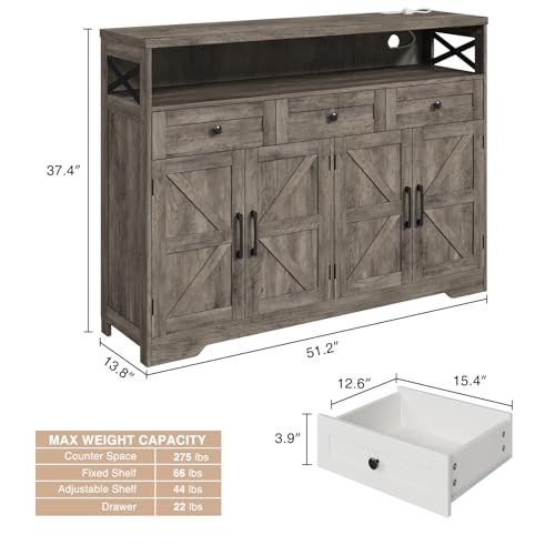 51" Farmhouse Buffet Sideboard with Storage, Kitchen Pantry Cabinet with Storage Drawers, Wood Cupboard Hutch, Coffee Bar Station Table for Kitchen, Living Room, Dining Room, Grey