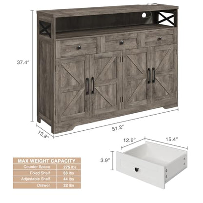 51" Farmhouse Buffet Sideboard with Storage, Kitchen Pantry Cabinet with Storage Drawers, Wood Cupboard Hutch, Coffee Bar Station Table for Kitchen, Living Room, Dining Room, Grey