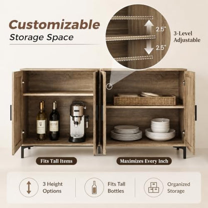 Sideboard Buffet Cabinet with Storage, Rattan Boho Modern Credenza, view 5