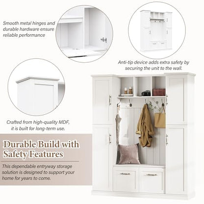ON-TREND Farmhouse Elegant Hall Tree with 4 Side Cabinets, All-in-One Mudroom Furniture with Adjustable Shelves & Open Cubbies, Beadboard Entryway Bench with Coat Rack & 5 Hooks for Hallway, White