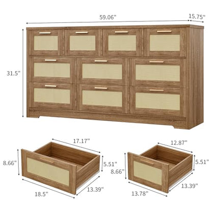10 Drawer Dresser for Bedroom, 59 in Farmhouse Rattan Dressers & Chests of Drawers, Wooden Storage Organizer with Anti-Tipping Device for Living Room, Hallway, Entryway, Natural