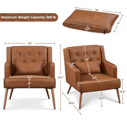 Yaheetech Accent Chair, Living Room Chair Mid Century PU Leather Armchair Lumbar Pillow, Comfy Upholstered Reading Chair Wood Leg Bedroom Brown 2PCS