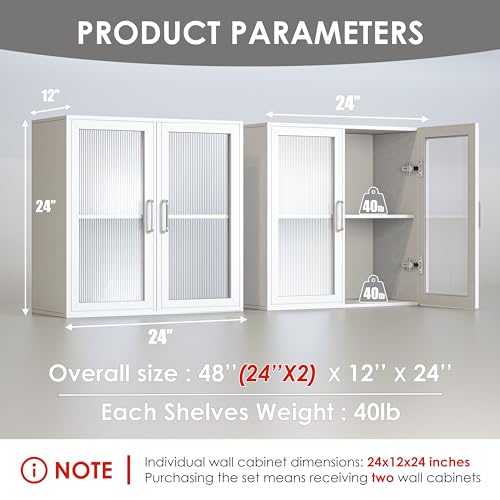 48" Kitchen Wall Cabinets 4 Doors - Laundry Upper Wall Amount Storage Cabinets with Acrylic Soft Glass Doors, in White, One Set of 2 Pieces