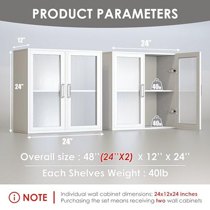 48" Kitchen Wall Cabinets 4 Doors - Laundry Upper Wall Amount Storage Cabinets with Acrylic Soft Glass Doors, in White, One Set of 2 Pieces