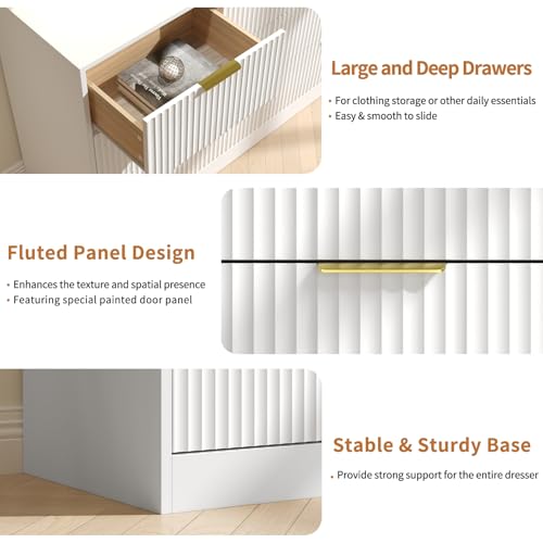 White Dresser Set of 2, Long Dresser for Bedroom Wooden with 14 Drawers, Fluted Modern Bedroom Furniture Set, TV Stand Dressers & Chests of Drawers for Closet (15.7"D x 110.2"W x 31.8"H)