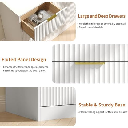 White Dresser Set of 2, Long Dresser for Bedroom Wooden with 14 Drawers, Fluted Modern Bedroom Furniture Set, TV Stand Dressers & Chests of Drawers for Closet (15.7"D x 110.2"W x 31.8"H)