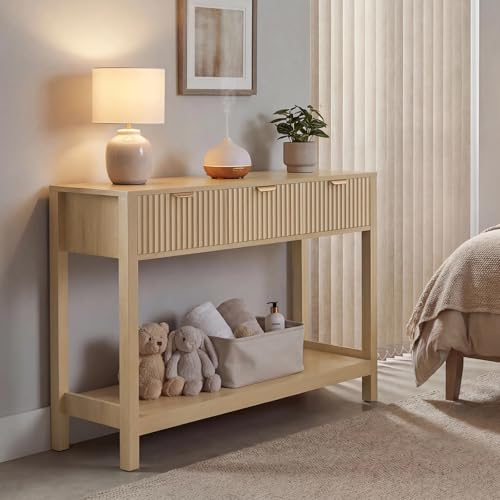Fluted Console Table, Wooden Sofa Table with Storage and Drawers, Farmhouse Behind Couch Table Entryway Table for Entrance, Hallway, Living Room, Oak