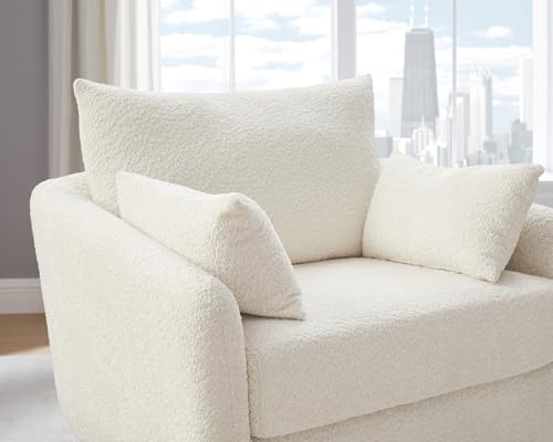 360° Swivel Accent Armchair, 39.3" Oversized, Sherpa Boucle Fabric Sofa Chair with Removable Back & Arm Pillows, Swivel Chair with Cozy Soft Padded (1, Cream White)