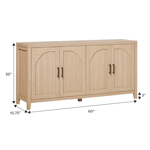 Sasha 4-Door Reeded Sideboard Buffet with Cord Management, 60 Inch, Coastal Oak