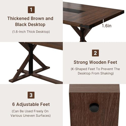 94" Large Dining Table for 10 People, Rectangular Kitchen Farmhouse Table W/Thickness Waterproof Wood Tabletop,Long Dining Room Tables W/Wood Strip Base for Kitchen Living Room(238CM Brown)