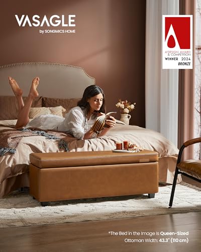 VASAGLE EKHO Collection - Storage Ottoman Bench, Entryway Bedroom Bench, 25 Gallons, Synthetic Leather with Stitching, Mid-Century Modern, Safety Hinges, Loads 660 lb, Caramel Brown ULOM075K01
