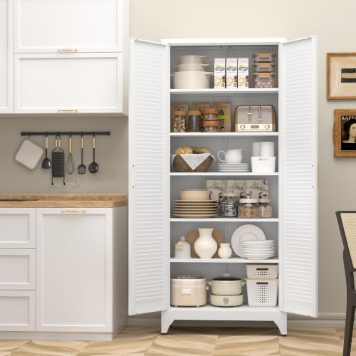 Kitchen Pantry Cabinet,75" Metal Storage Cabinet with Doors and 5 Adjustable Shelves,White Tall Locker Organizer Steel Garage Cabinets for Tool,File Cabinet for Office,Kitchen,Garage,School