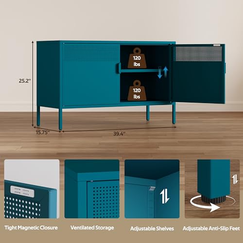 Metal Storage Cabinet with 2 Doors & Adjustable Shelves, Blue, view 3