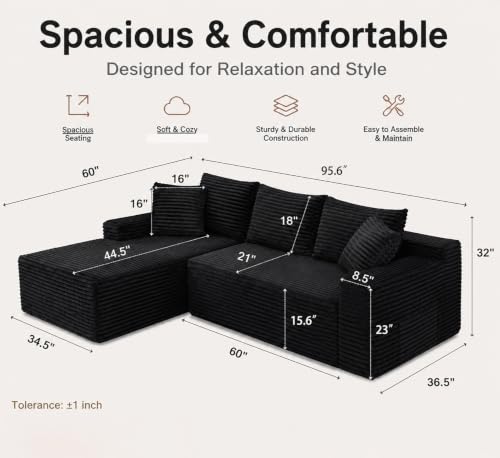 96" Cloud Boneless Sectional Couches with Chaise for Living Room