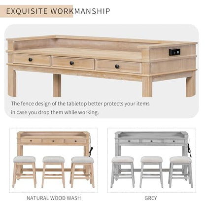 4 -Piece Farmhouse Dining Table Set with USB Charging/Drawers Wood Table with 3 Cushion Stool for Kitchen Dining Room Natural Wood Wash