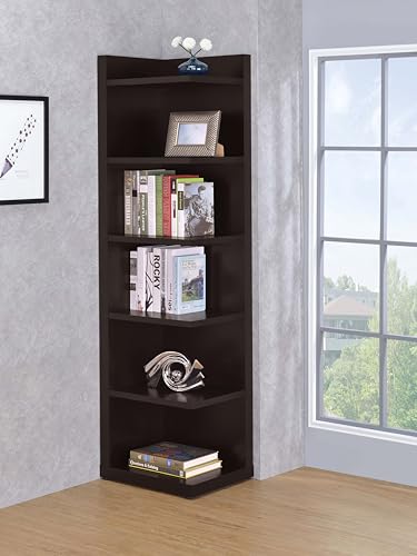 Coaster Home Furnishings - Alder - Engineered Wood - 6-Shelf Tall Corner Bookcase with Leveling Glides, Modern Design, Transitional Style - Living Room and Home Office - 71-Inch - Cappuccino - 800270