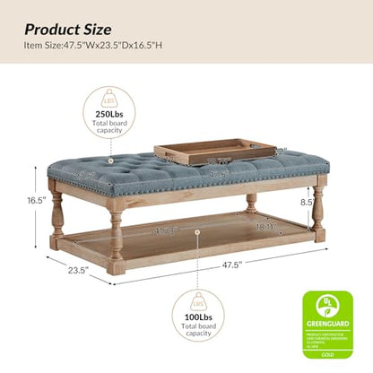 Storage Tufted Ottoman Coffee Table with Solid Wood Legs, Blue | with Tray & Shelf, Button Tufted Top Upholstered, Large Rectangle Cocktail Ottoman for Living Room Bedroom