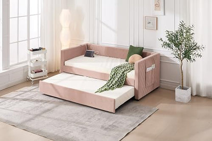 Twin Size Upholstered Daybed with Trundle,USB Port,Side Pockets, V Grained backrest Design,No Box Spring Needed, for Bedroom, Guest Room (Pink, Twin)
