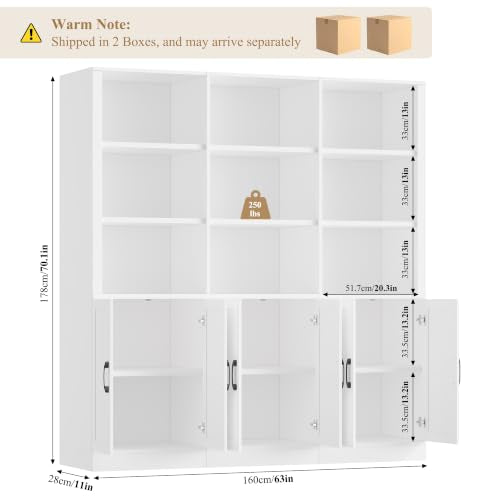 70” H x 63” W Triple Wide Bookshelf, Tall Bookcase with 6 Doors, view 3