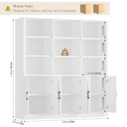 70” H x 63” W Triple Wide Bookshelf, Tall Bookcase with 6 Doors, view 3